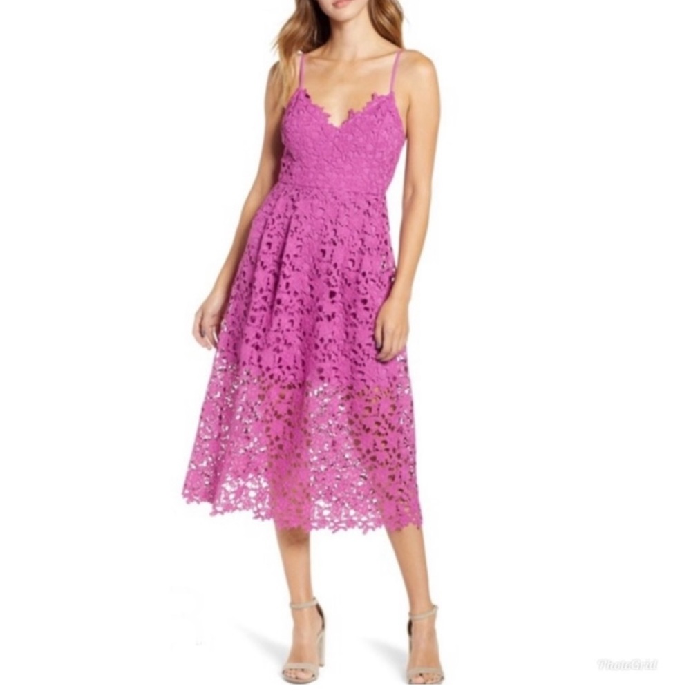 Astr Lace A Line Midi Dress - Magenta - Medium